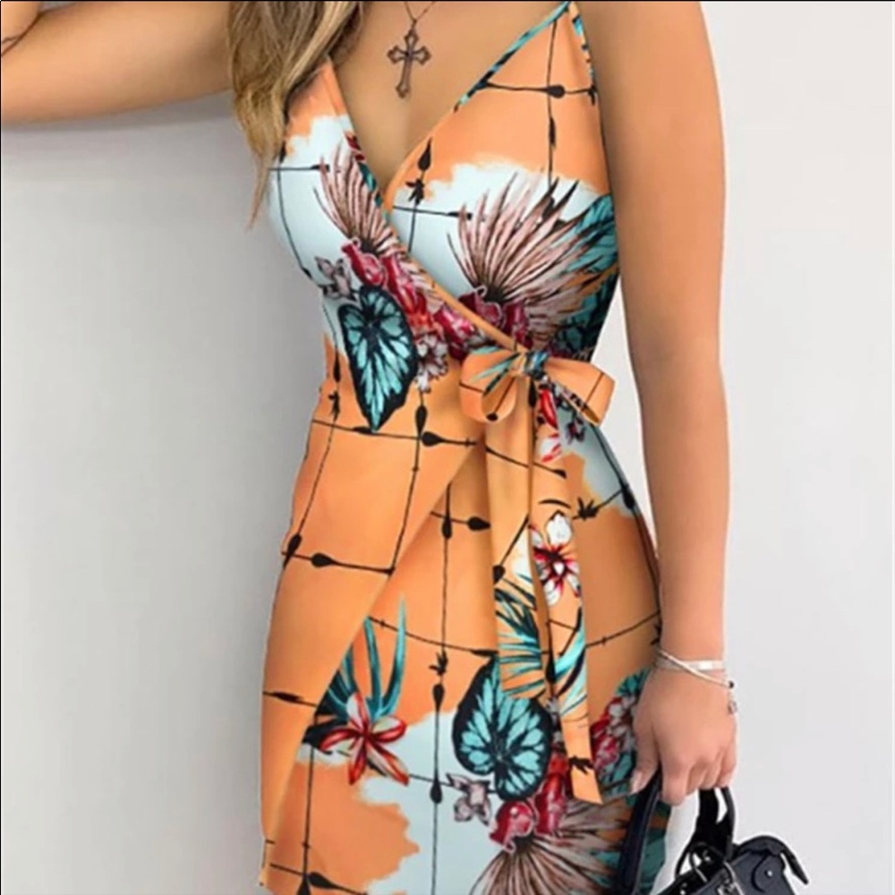 Tropical Print V Neck Wrap Casual for Summer